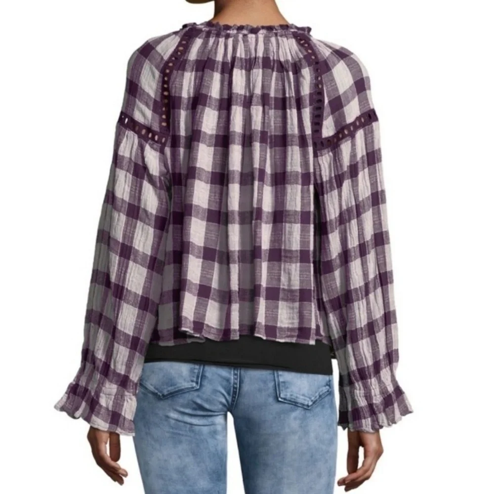 Free People Blouse Peasant Plaid V-Neck Tassel Tie Gauzy Cotton Plum White M NWT